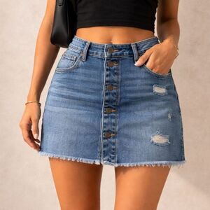 Y2K Button Front Denim Mini Skirt Distressed Raw Hem Womens 13 Mudd